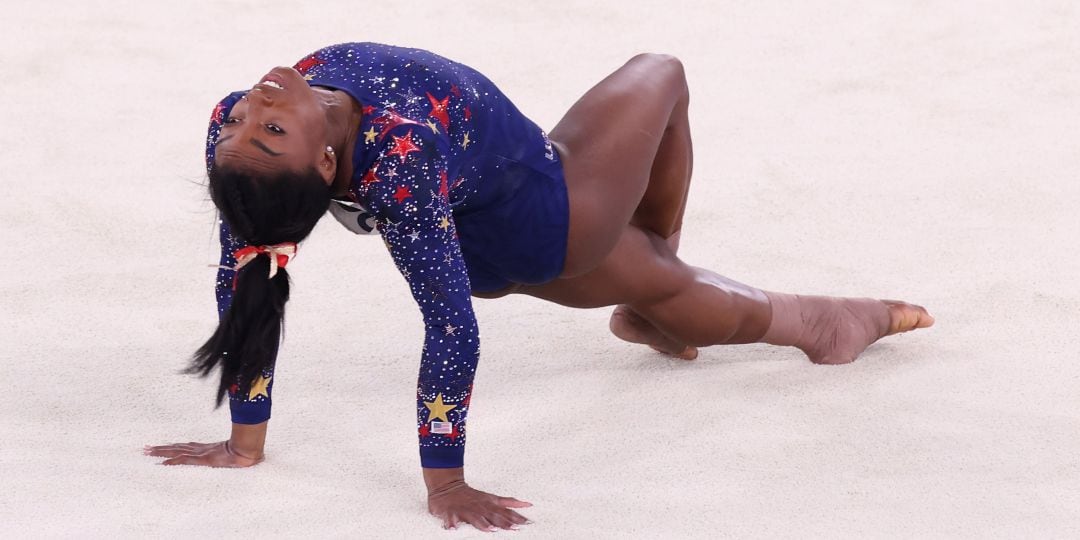 Simone Biles, durante su primera toma de contacto en los Juegos Olímpicos de Tokio