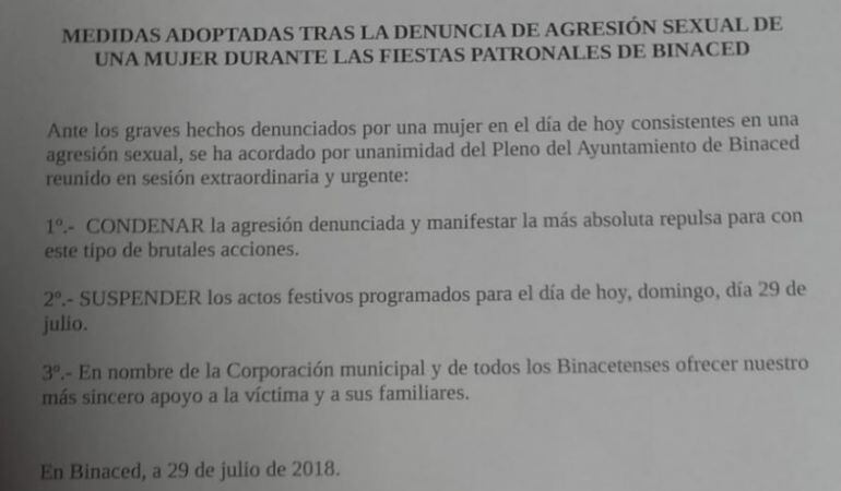 Comunicado del Ayuntamiento de Binaced