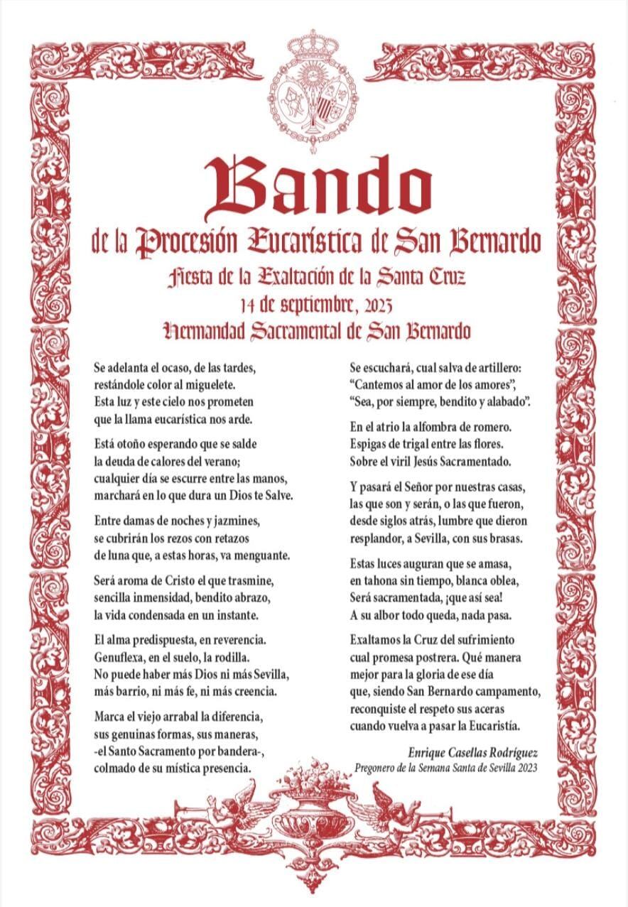 Bando de Enrique Casellas con motivo de la Procesión Eucarística de San Bernardo