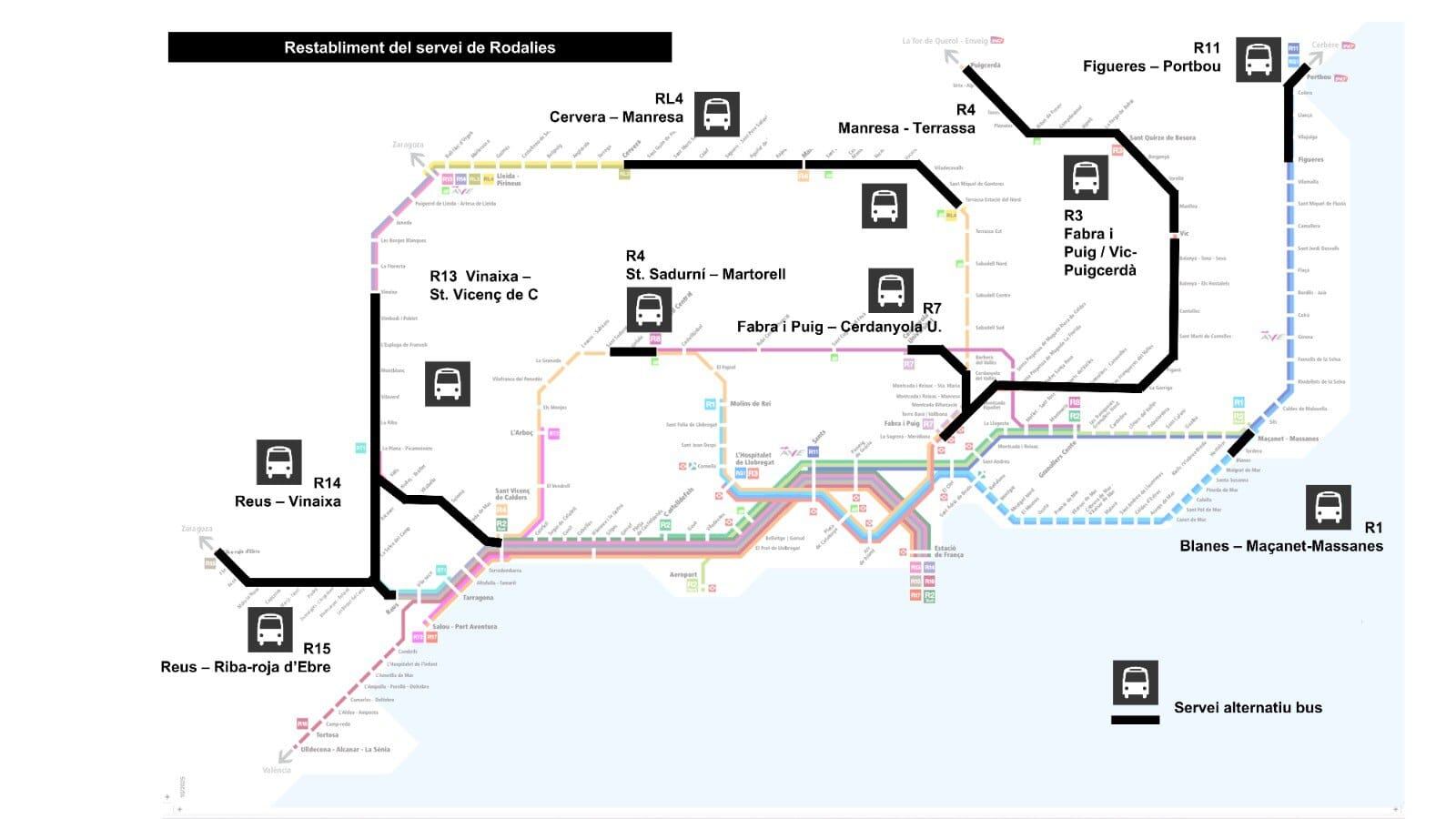 Mapa de las líneas de Rodalies que reabrirán este lunes