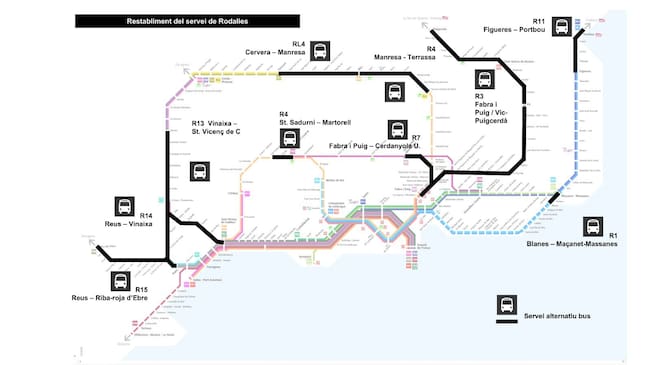 Mapa de las líneas de Rodalies que reabrirán este lunes