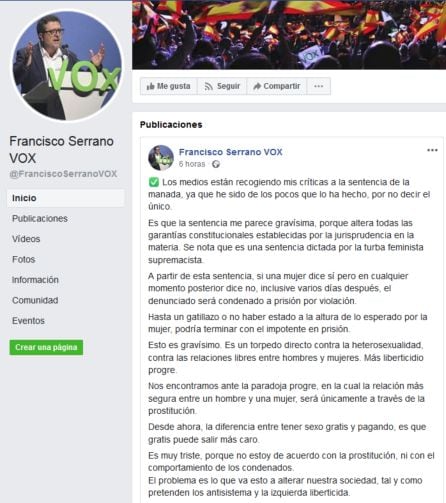 Publicación de Francisco Serrano en Facebook sobre la sentencia de la Manada.