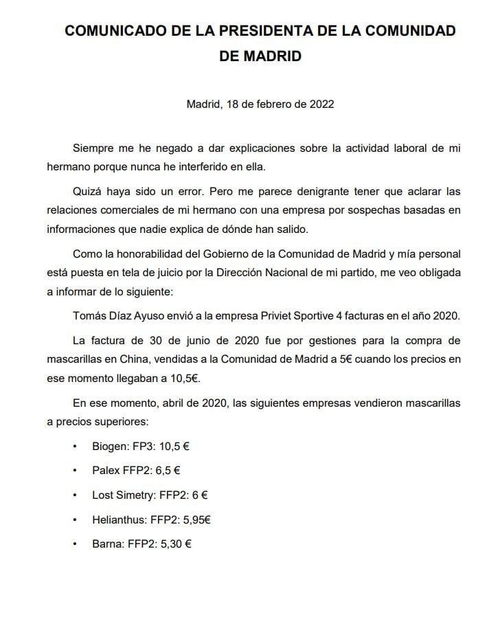 Pincha en la imagen para leer la primera parte del comunicado de Ayuso