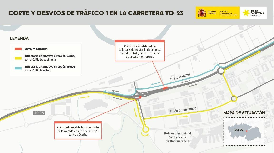 Los desvíos provisionales con el corte al tráfico de la TO-23