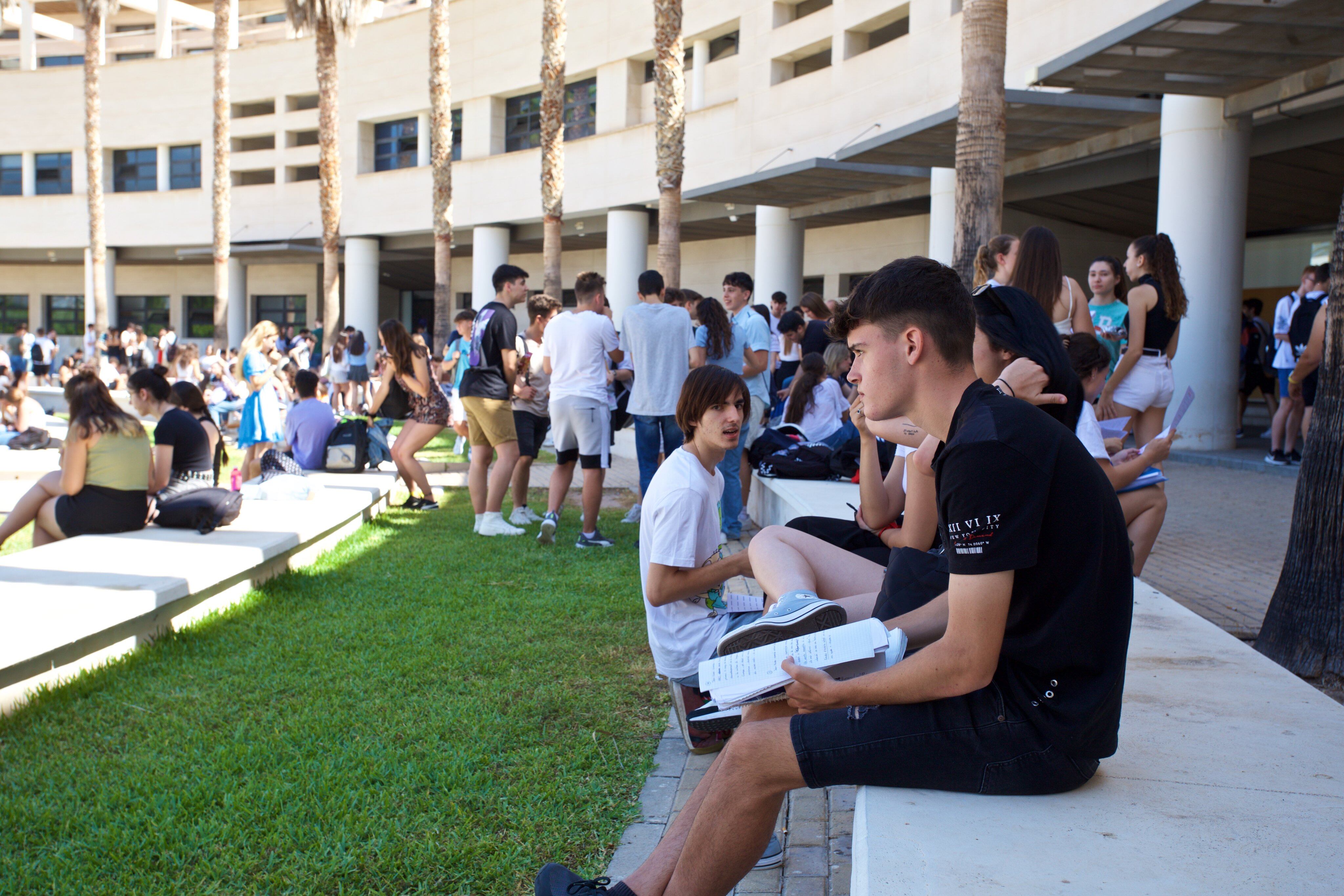 Alumnos repasando en el campus de la Universidad de Alicante antes de los exámenes de la EVAU 2022