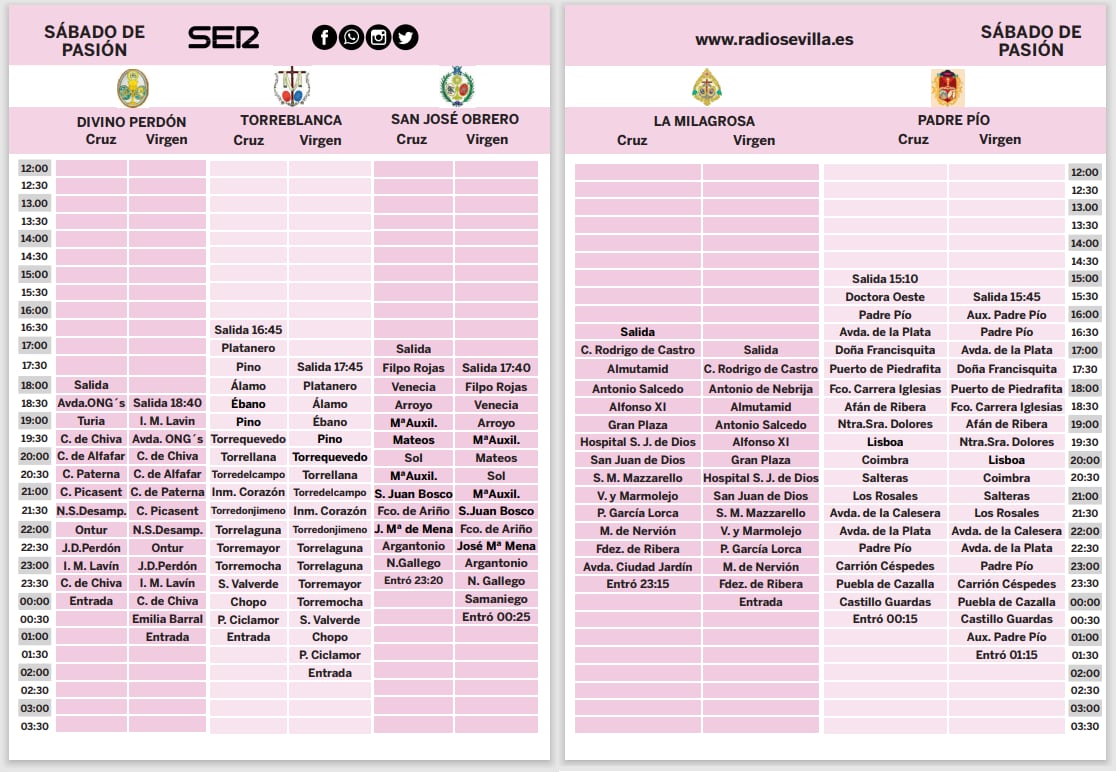 Parrilla de horarios e itinerarios del Sábado de Pasión