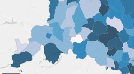 Situación de los pozos de aguas resiguales del suroeste madrileño a 13 de abril de 2021. En color más oscuro, aquellos municipios donde la presencia de SARS-CoV-2 es mayor