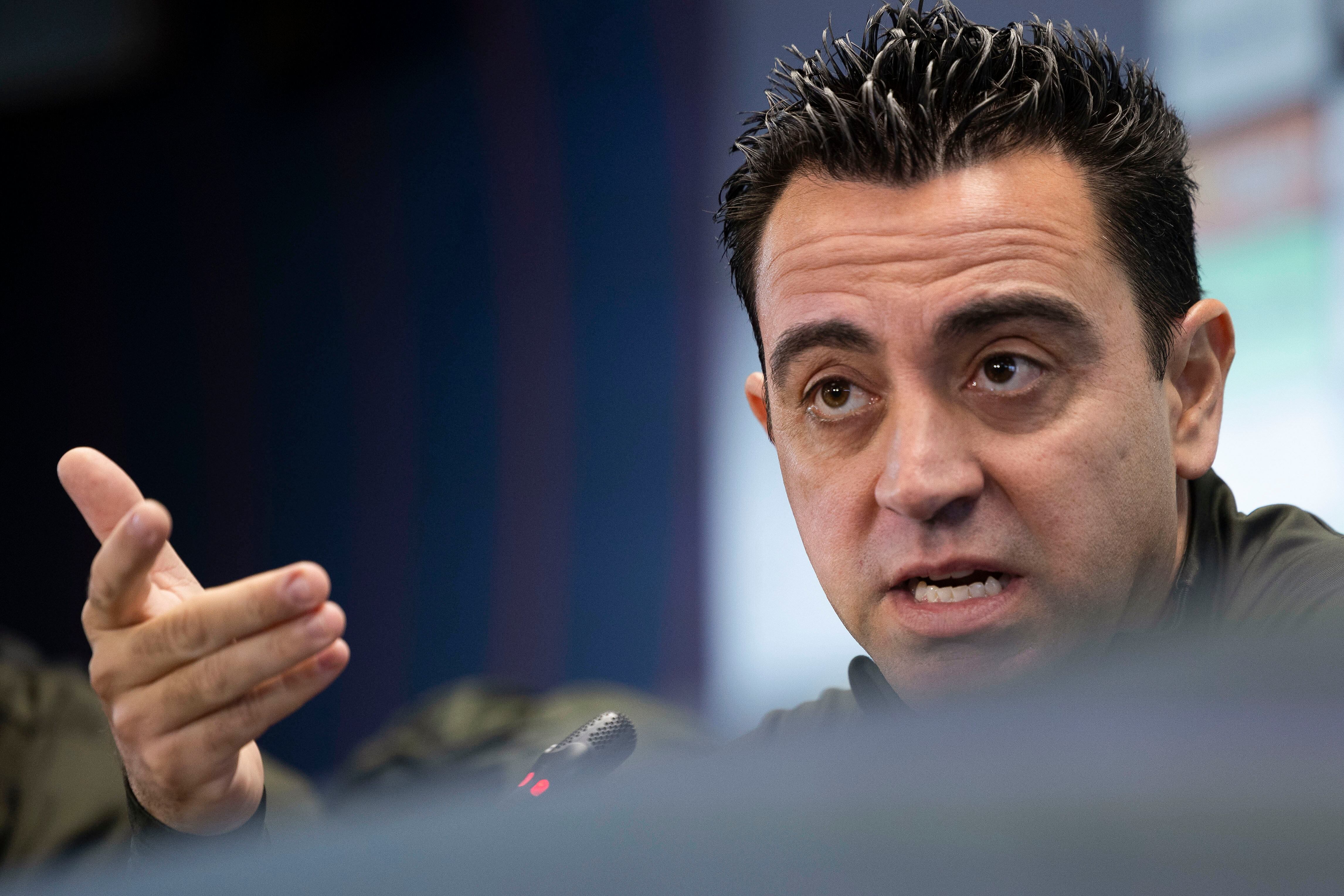 El entrenador del FC Barcelona, Xavi Hernández, durante la rueda de prensa previa al partido de Copa en San Mamés