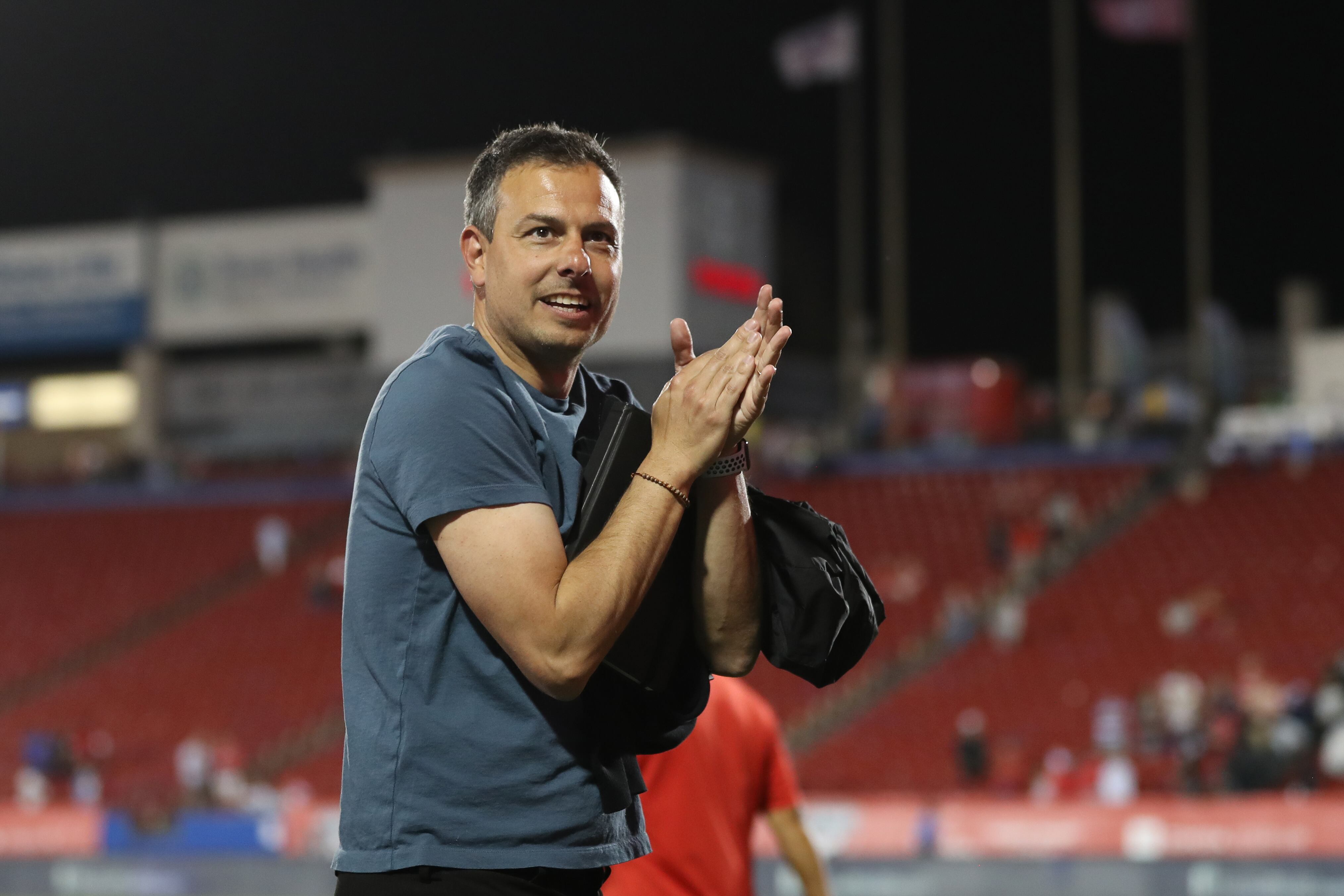 FRISCO, TX - APRIL 09: FC Dallas Head Coach Nico Estévez reacts during the MLS game between FC Dallas and Colorado Rapids at Toyota Stadium on April 9, 2022 in Frisco, Texas. (Photo by Omar Vega/Getty Images)