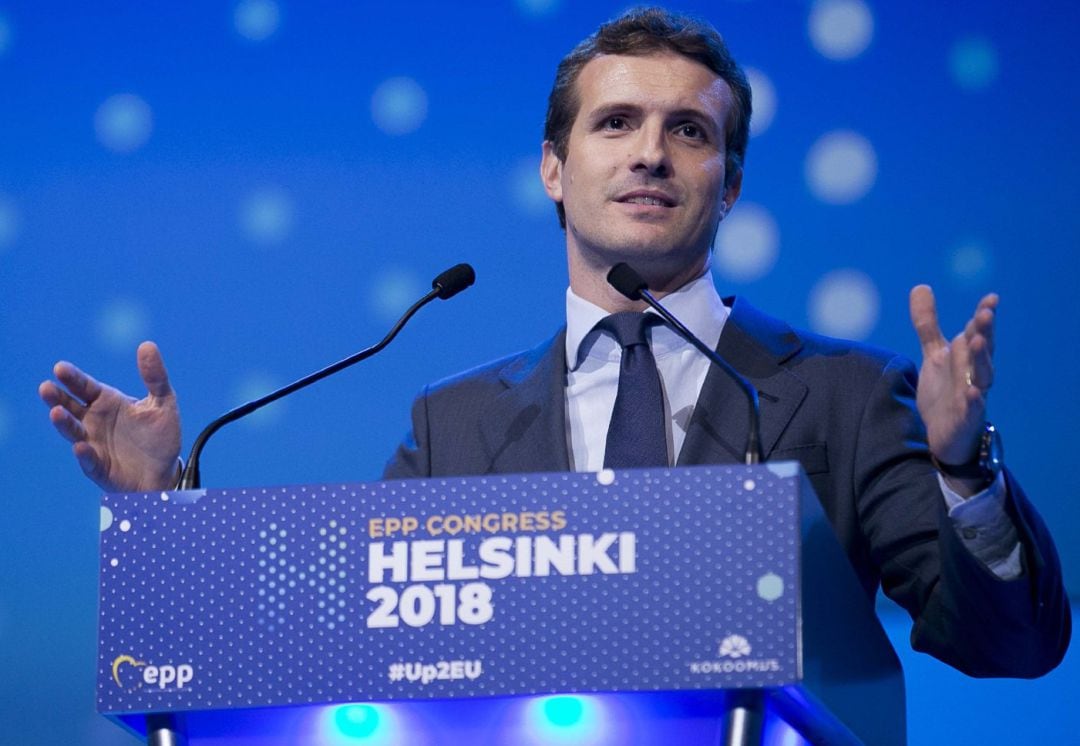 El presidente del PP, Pablo Casado, en la cumbre del Partido Popular Europeo en Helsinki.