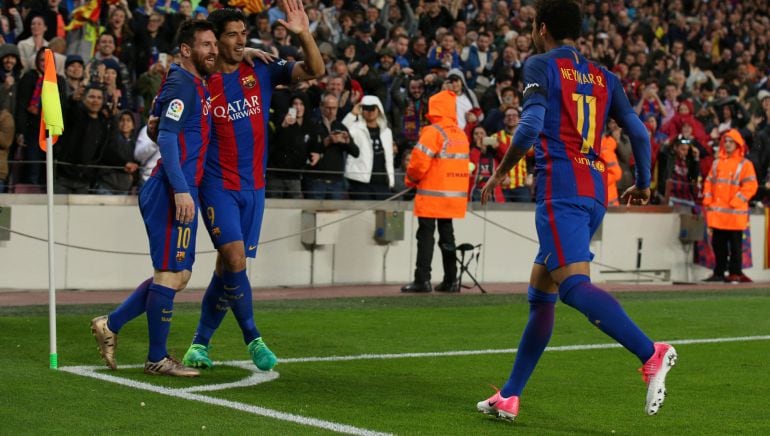 La MSN celebra un gol del Barcelona.