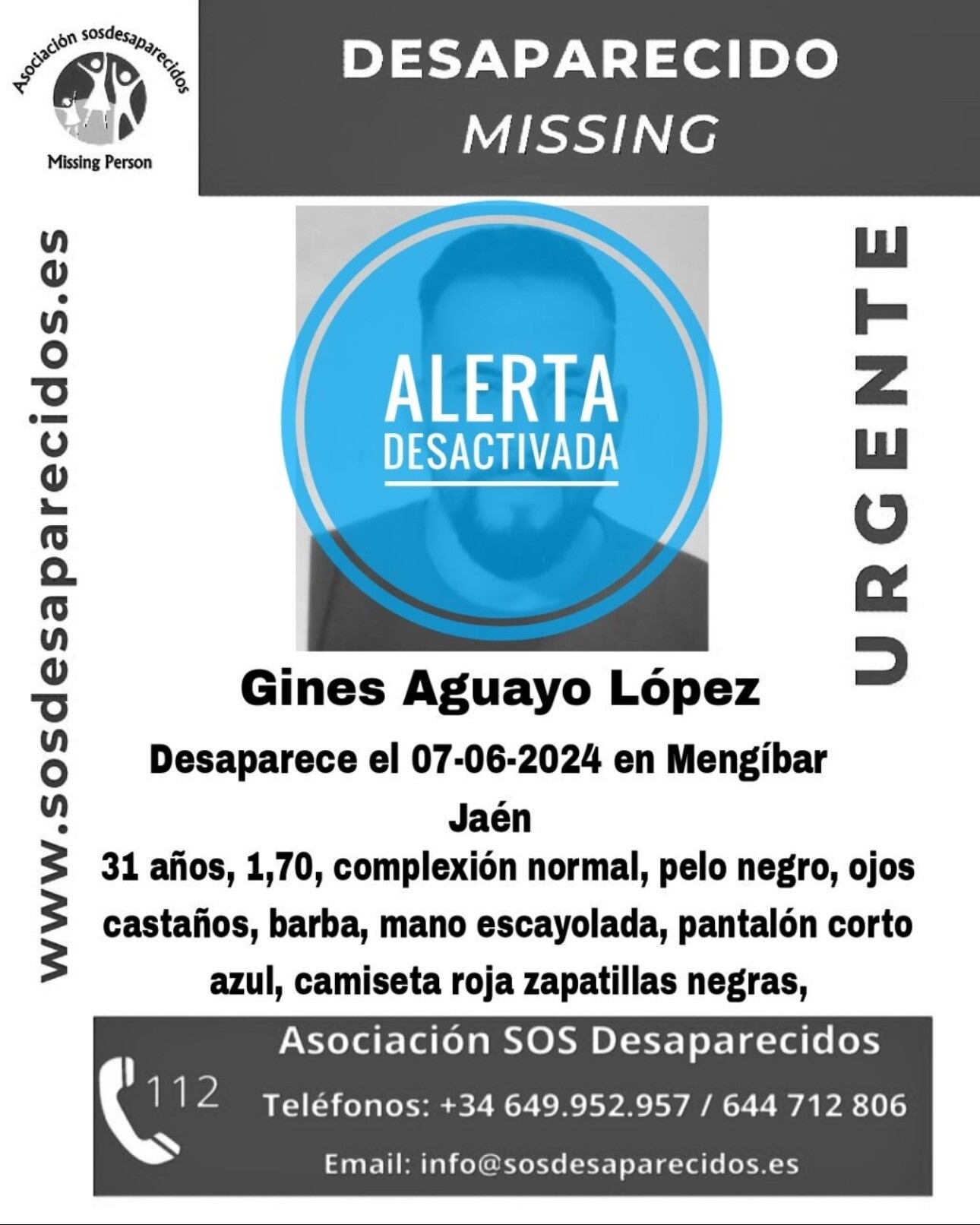 Desactivada la alerta de desaparición de Ginés Aguayo.
