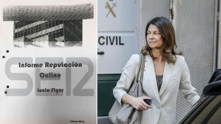 Lucía Figar, tras su declaración, y la portada del Informe de reputación online elaborado por Alejandro de Pedro, &#039;conseguidor&#039; de la trama Púnica