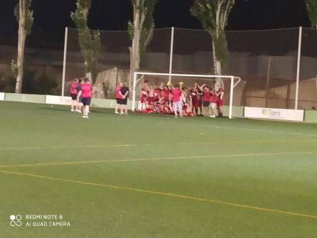 Momento en el que la plantilla celebra el ascenso, al terminar el encuentro