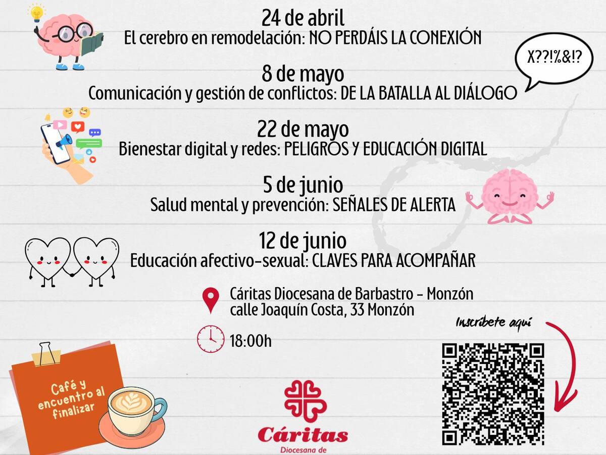 Cáritas Barbastro‑Monzón impulsa SOS Adolescentes, una escuela de padres sobre adolescencia y bienestar digital