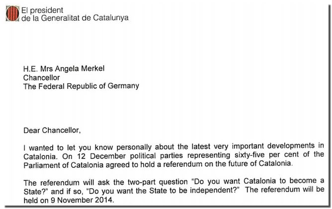 Un fragment de la carta enviada per Artur Mas a Angela Merkel