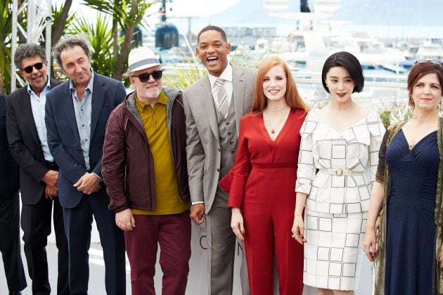 Los miembros del jurado de Cannes: Gabriel Yared, Paolo Sorrentino, Pedro Almodovar, Will Smith, Jessica Chastain, Fan Bingbing y Agnes Jaoui