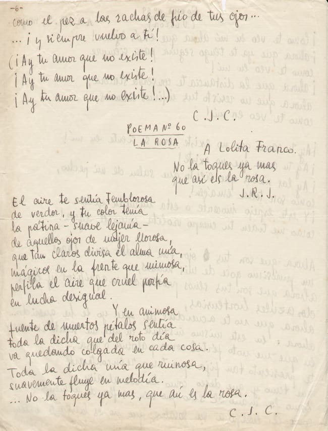 Poema 'La Rosa' de CJC dedicado a Lolita Franco