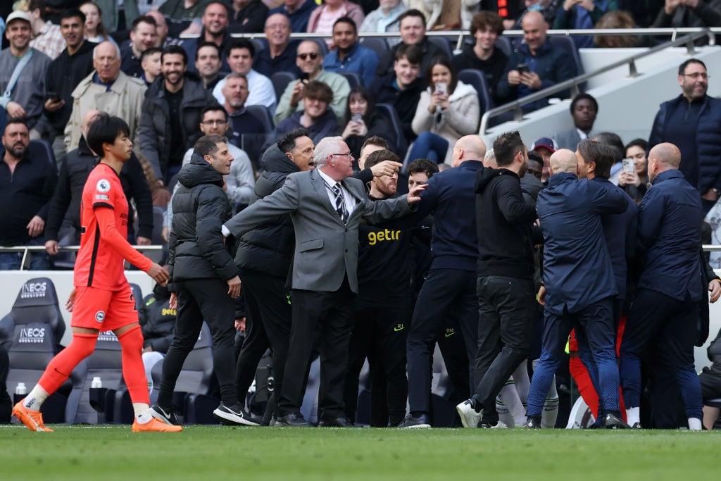 Los banquillos de Tottenham y Brighton Hove Albion se enzarzan en una tangana durante el partido entre ambos equipos