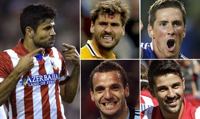 (De izquierda a derecha y de arriba a abajo) Diego Costa, Fernando Llorente, Fernando Torres, Soldado y Villa