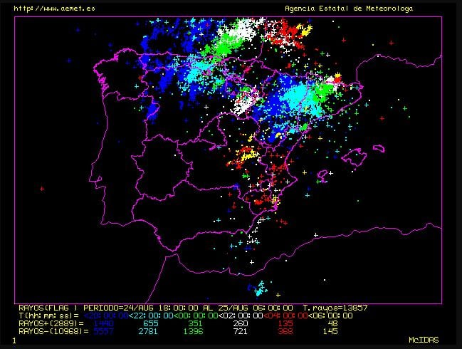 Imagen que registra los rayos que cayeron en España el miércoles. Aragón registró el mayor número entre las 20 y las 24 horas