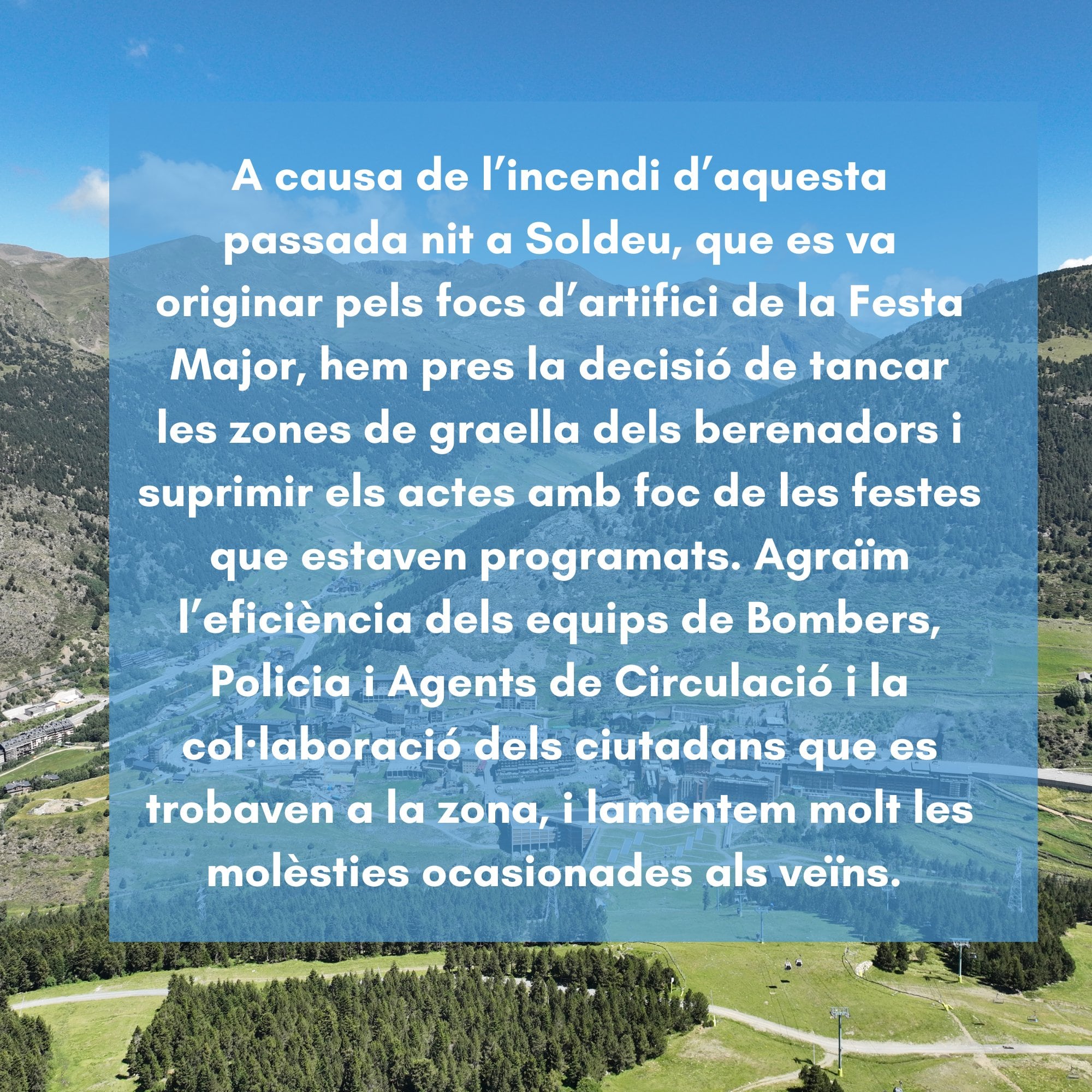 Comú del comú de Canillo a Twitter anunciant la supressió de les activitats de foc de les festes majors.