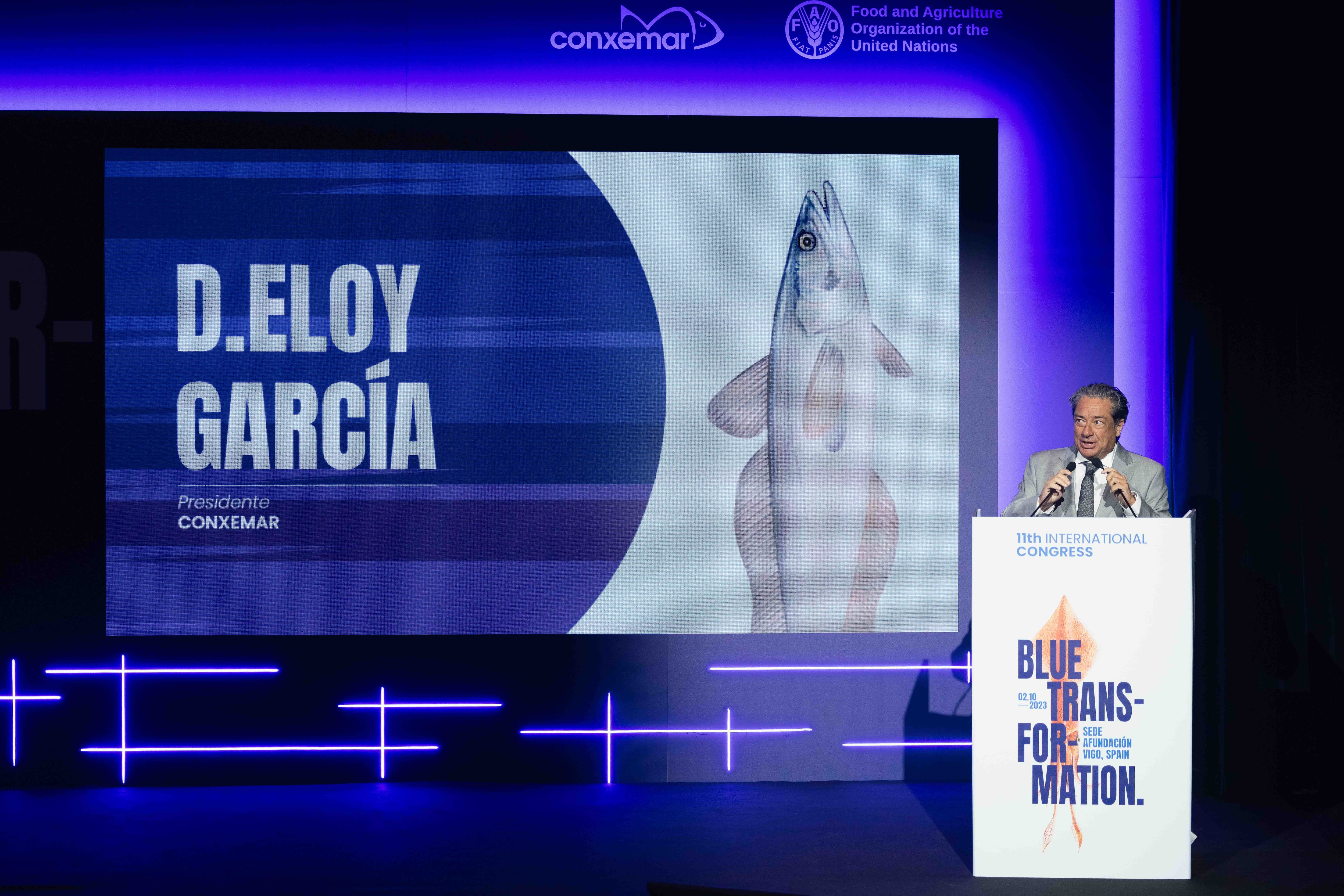 Eloy García, presidente de Conxemar, durante su intervención en el Congreso Conxemar-FAO de 2023