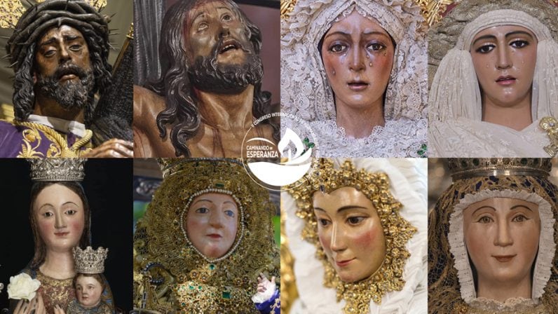 De izquierda a derecha y de arriba a abajo, el Gran Poder, Cachorro, Esperanza Macarena, Esperanza de Triana, Valme, Consolación de Utrera, Setefilla y la Virgen de los Reyes