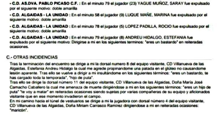 Un fragmento del acta del partido entre el Pablo Picasso y el Villanueva de Algaidas.
