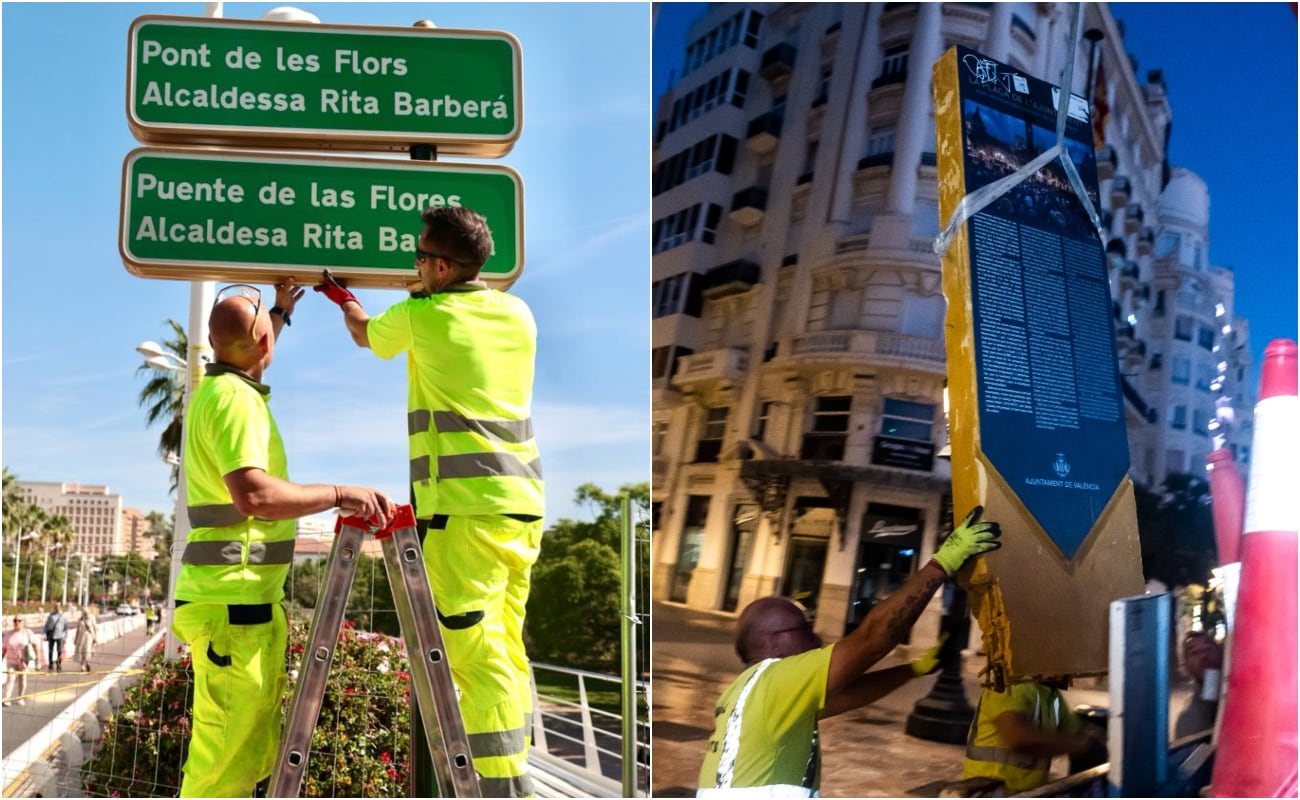 Operarios municipales instalan la placa del puente de las Flores Rita Barberá y retiran el monolito del 15M