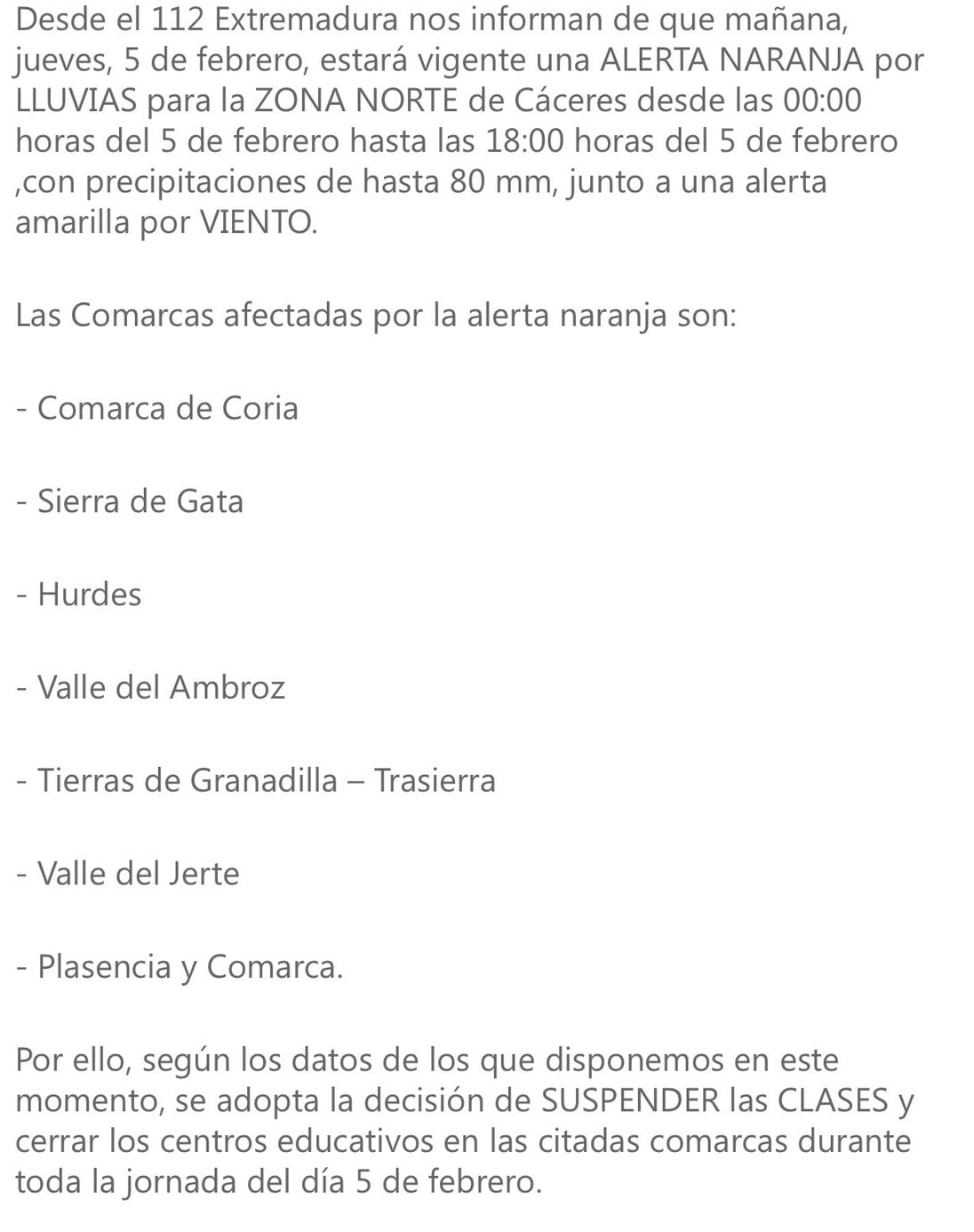 El mensaje remitido por la plataforma Rayuela suspendiendo las clases en el Norte de Extremadura