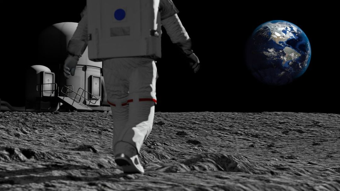 Un astronauta caminando sobre la luna, en una representación 3D de la NASA.