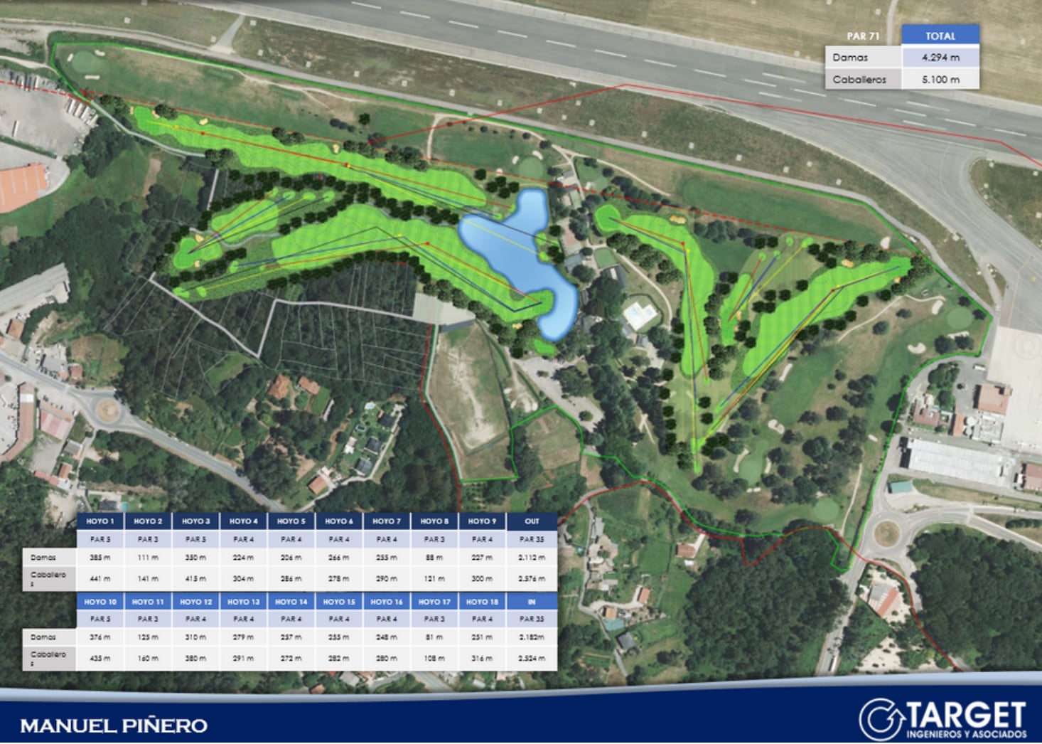 Diseño del campo de golf presentado por la empresa Target Ingenieros y Asociados, realizable sólo en caso de que se llegue a un acuerdo con todos los propietarios de las parcelas necesarias.