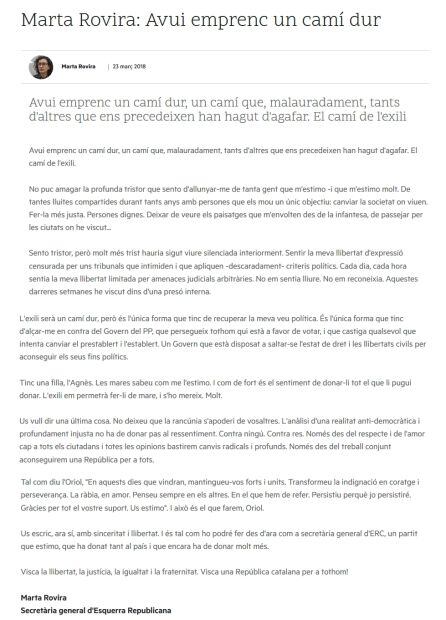 La carta que Marta Rovira ha publicat al web d'Esquerra Republicana