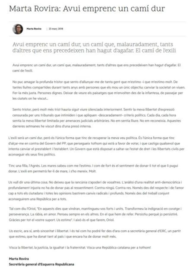 La carta que Marta Rovira ha publicat al web d'Esquerra Republicana