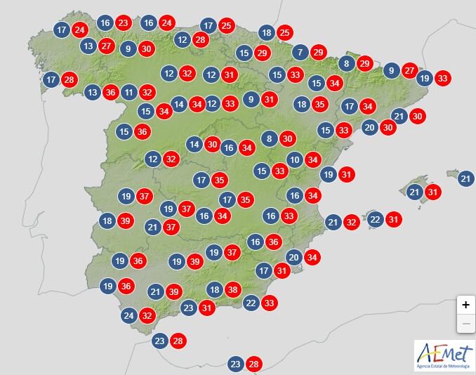 Mapa de temperaturas previsto por Aemet para el sábado 20 de agosto.