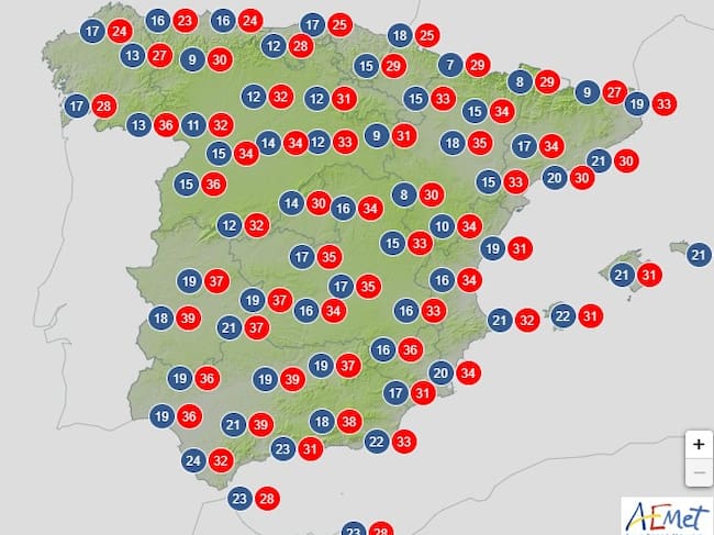 Mapa de temperaturas previsto por Aemet para el sábado 20 de agosto.