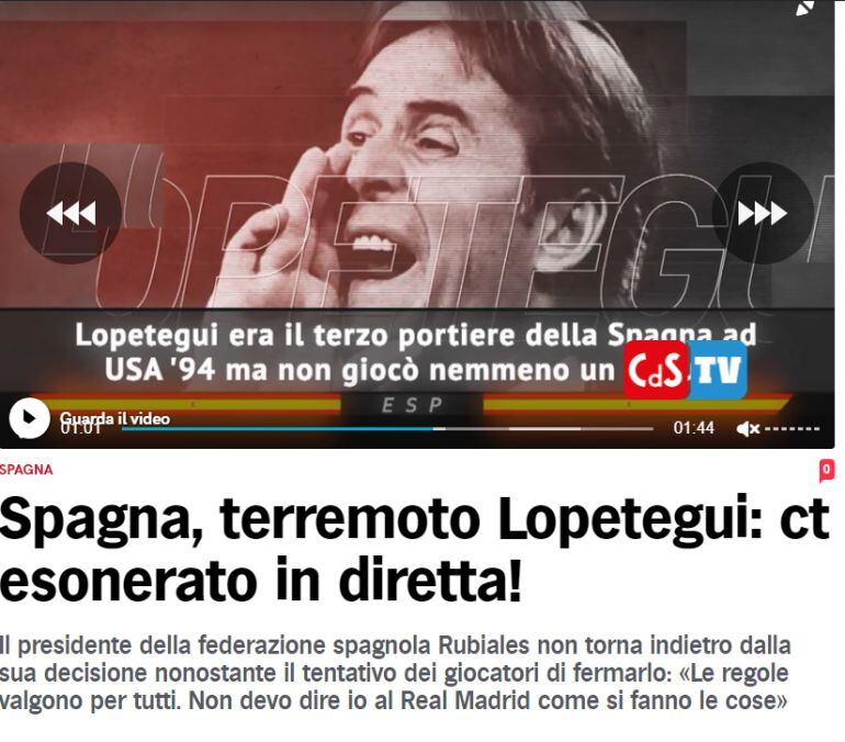 El Corriere dello Sport anuncia la destitución de Lopetegui como seleccionador de España.