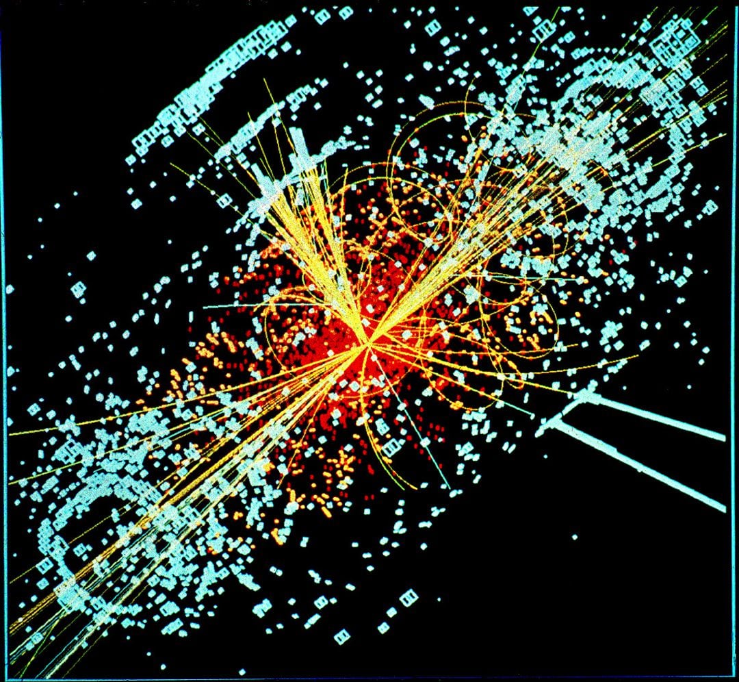 Simulación de una colisión en el Gran Colisionador de Hadrones, produciendo el bosón de Higgs