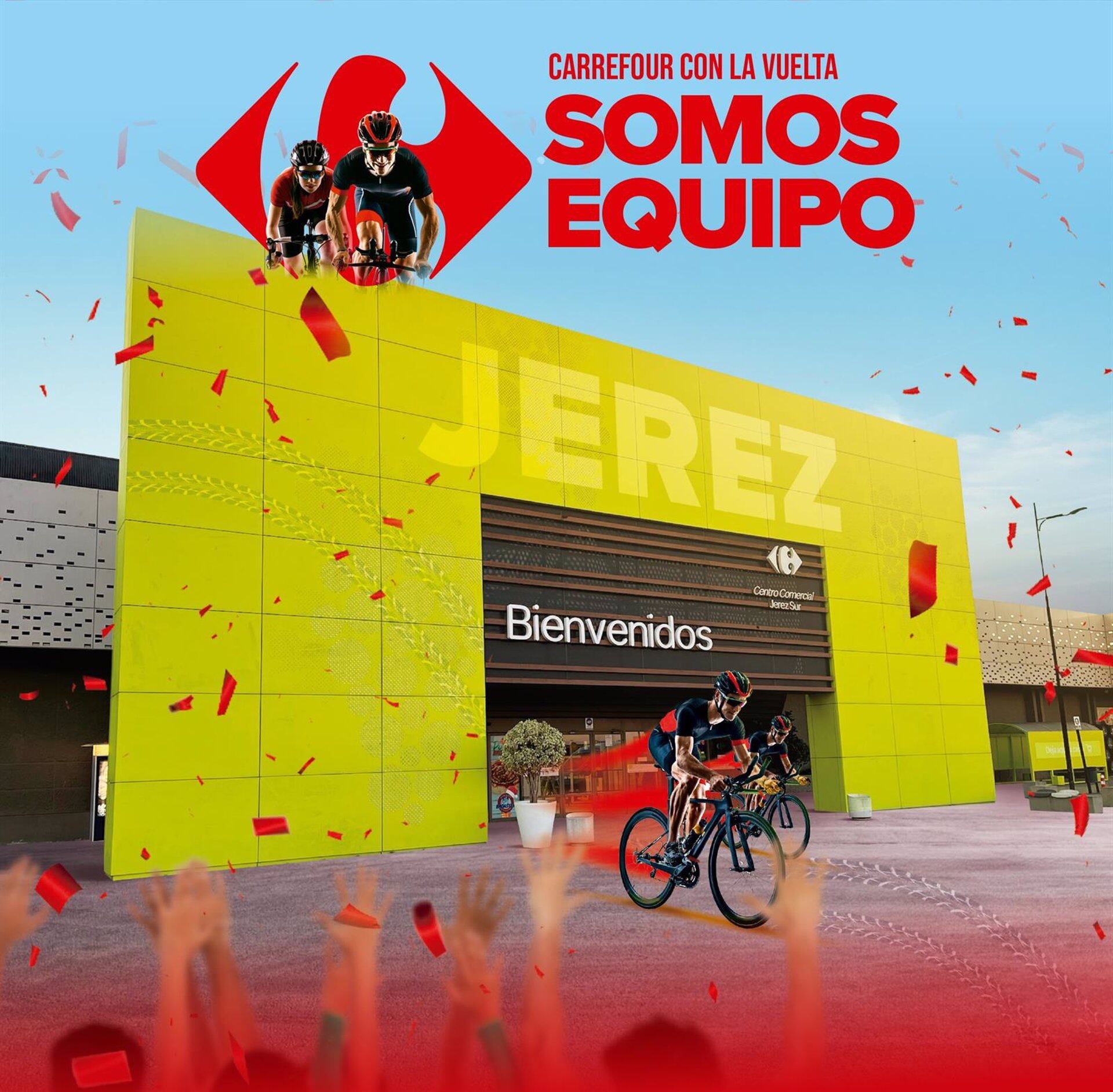 Detalle del cartel anunciador de la salida de la sexta etapa de La Vuelta desde Carrefour Sur Jerez.