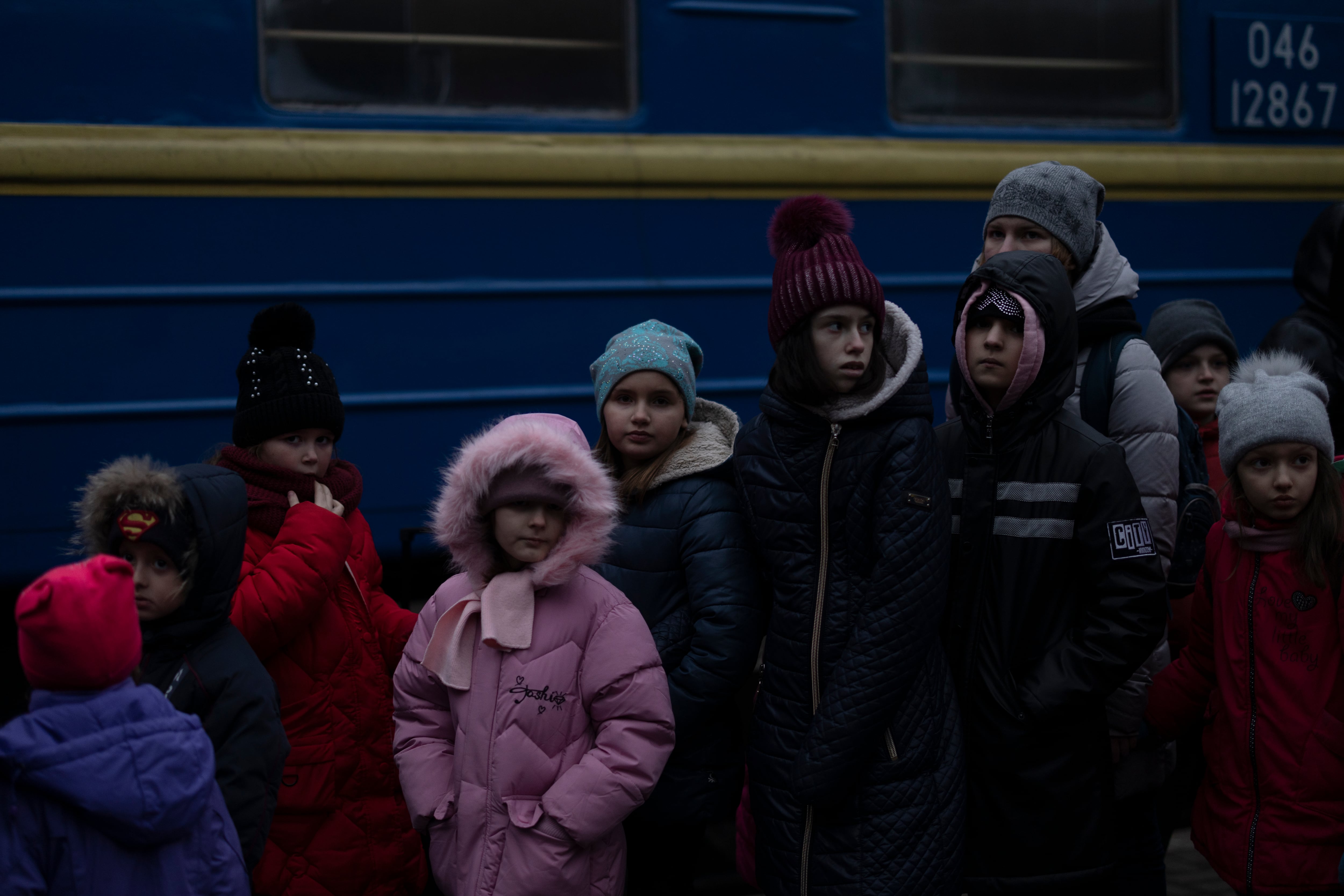 LVIV, UKRAINE - MARCH 05: Children, evacuated from an orphanage in Zaporizhzhia, arrive at main train terminal on March 05, 2022 in Lviv, Ukraine. More than a million people have fled Ukraine following Russia&#039;s large-scale assault on the country, with hundreds of thousands of Ukrainians passing through Lviv on their way to Poland. (Photo by Dan Kitwood/Getty Images)