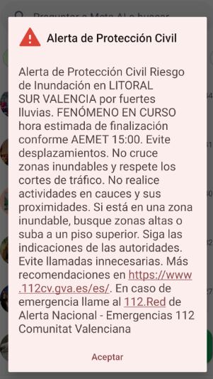 Mensaje de ES Alert enviado esta mañana a las comarcas de la Safor y la Ribera