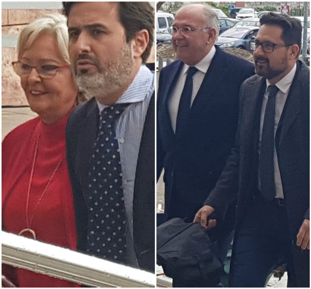 Teresa Porras y Francisco Pomares (úlimo por la derecha) a su entrada a la Ciudad de la Justicia de Málaga acompañados por sus abogados 