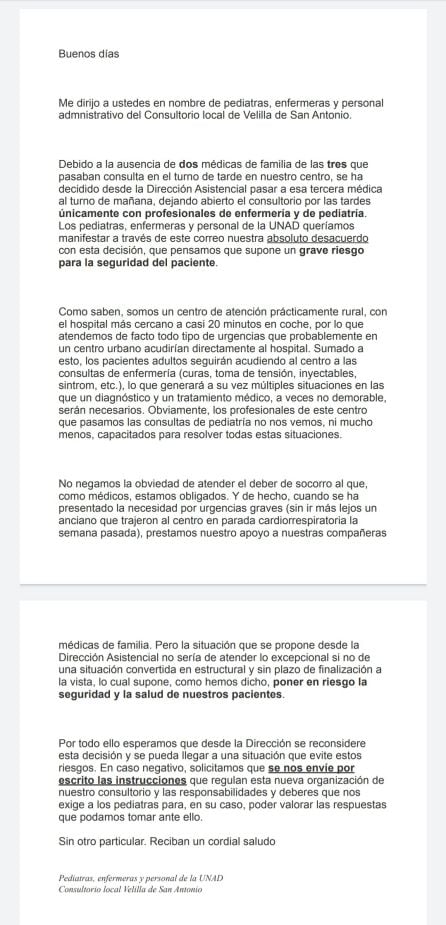 Carta a la Dirección Asistencial