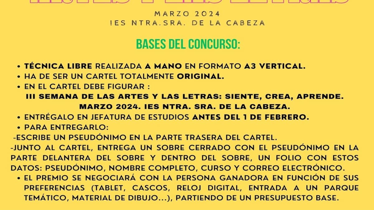 El Instituto Nuestra Señora de la Cabeza de Andújar organiza el concurso del cartel de la III Semana de las Artes y las Letras