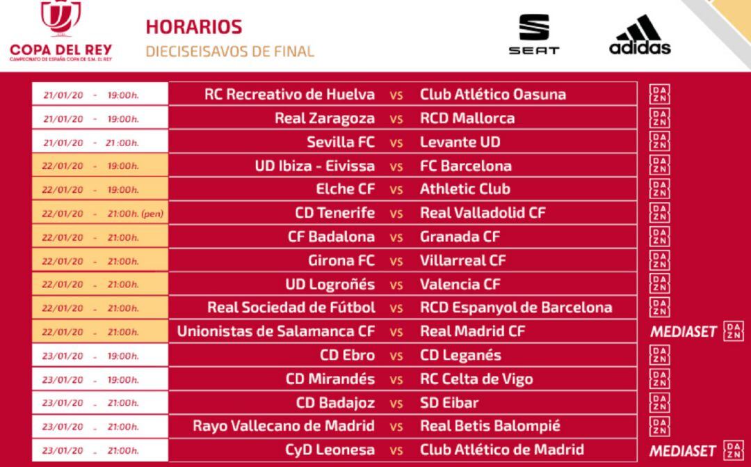 Horarios dieciseisavos de final Copa del Rey.