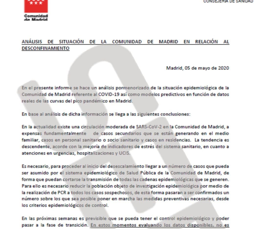 Informe remitido por la exdirectora de Salud Pública, Yolanda Fuentes, a la Comunidad desaconsejando el pase a la fase 1.