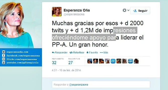 Twit de Esperanza Oña agradeciendo el apoyo para encabezar el PP andaluz