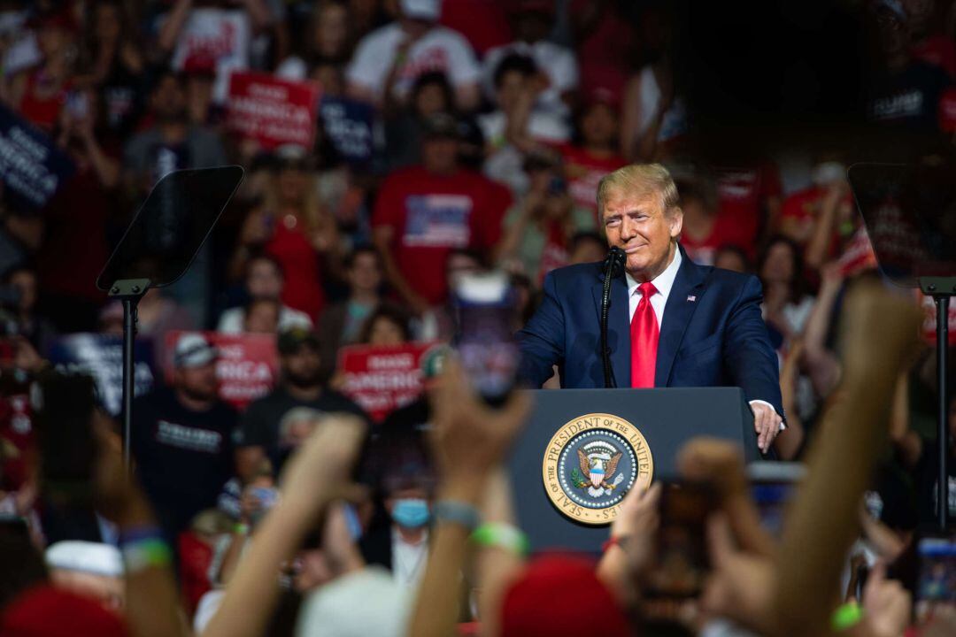 US President Donald Trump speaks to his supporters during his campaign rally at Tulsa. Photo: Tyler Tomasello