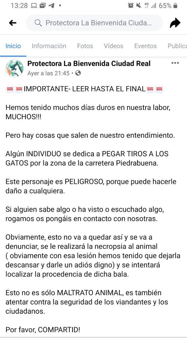 SOS que ha lanzado la protectora en su facebook tras conocer el caso con tan dramático final